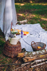 Picnic Time! Fresh food on grass in the garden. Basket on blanket glasses of champagne.