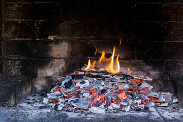 Little fire burning over pile of red hot coal and wood pieces