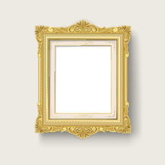 Vintage gold wood photo frame on white background