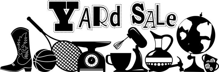 Yard sale vector silhouette banner with assorted household and sport items, EPS 8, no white objects