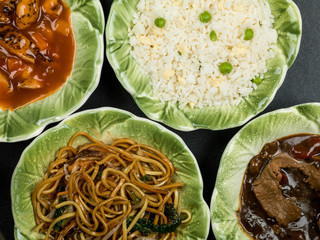 Selection of Chinese Food Egg Fried Rice Sweet and Sour Chicken