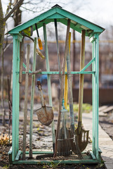 Photo of garden tools in the backyard