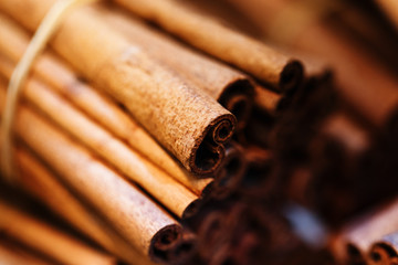 Cinnamon sticks seasoning. An aromatic spice made from the peeled, dried, and rolled bark of a Southeast Asian tree.