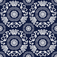 Seamless Blue Japanese Background Round Spiral Frame Flower Vine
