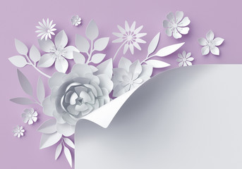 3d illustration, white paper flowers, pastel decorative floral background, wedding decor, album page corner