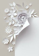 3d illustration, white paper flowers, pastel decorative floral background, wedding album decor