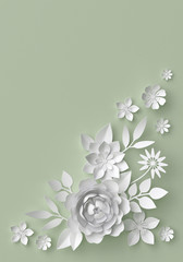3d illustration, white paper flowers, green pastel decorative floral background, wedding wall decor