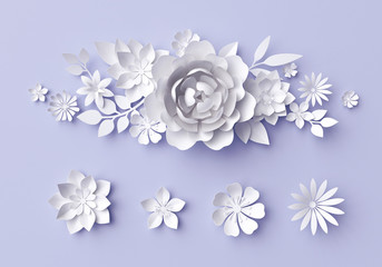 3d illustration, white paper flowers, lilac pastel decorative floral background, border, wedding wall decor