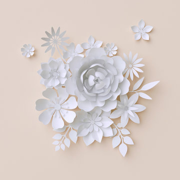 3d illustration, white paper flowers, pastel decorative floral background, wedding wall decor