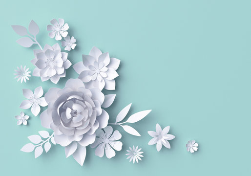 3d illustration, white paper flowers, blue pastel decorative floral background, wedding wall decor