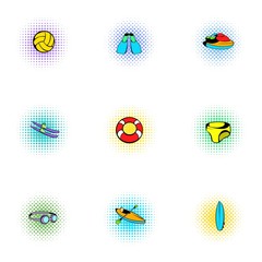 Active water sport icons set, pop-art style