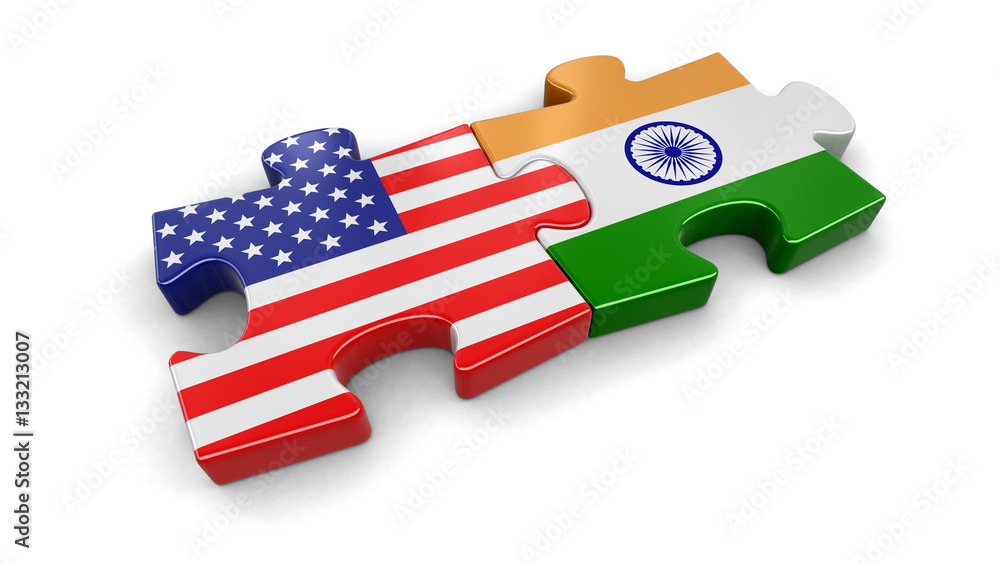 Poster usa and india puzzle from flags. image with clipping path