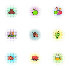 Gratitude celebration icons set, pop-art style