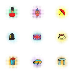 Tourism in United Kingdom icons set, pop-art style