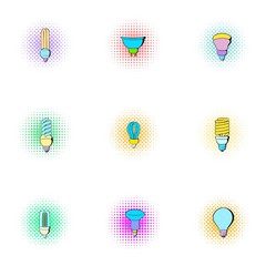 Lamp for home icons set, pop-art style