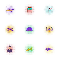 Flying device icons set, pop-art style