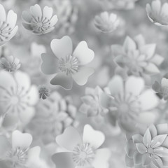 3d render, digital illustration, white paper flowers, wedding floral background, Valentine's day