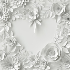 3d render, digital illustration, white paper flowers, wedding floral background, Valentine's day heart frame