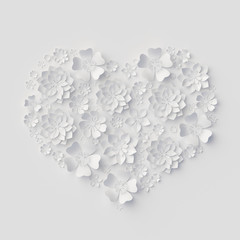 Naklejki  renderowanie 3d, ilustracja cyfrowa, białe papierowe kwiaty, wesele w tle kwiatowym, walentynkowe serce