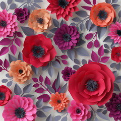 Fototapety  Renderowanie 3D, ilustracja cyfrowa, czerwone różowe papierowe kwiaty, walentynkowe tło kwiatowe