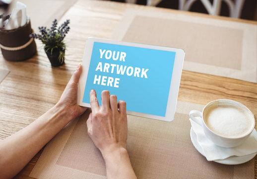 User with Tablet and Coffee Mockup 2