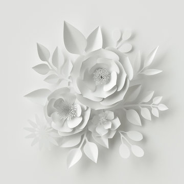 3d render, digital illustration, white paper flowers, wedding floral background, Valentine's day