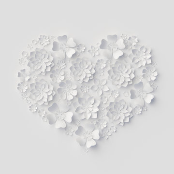 3d render, digital illustration, white paper flowers, wedding floral background, Valentine's day heart