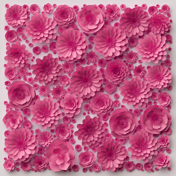 3d illustration, pink paper flowers, floral background, Valentine's day wall decor