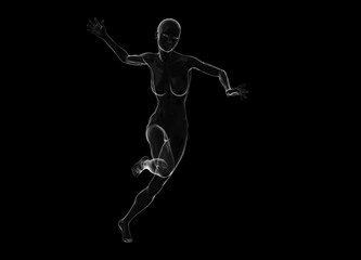 Slim attractive sportswoman made of glass or soap bubble running against a black background. 3d illustration