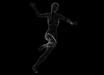 Slim attractive sportswoman made of glass or soap bubble running against a black background. 3d illustration