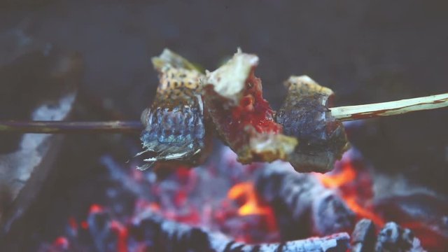 Fry the fish in the fire. Close up. Vignette color correction