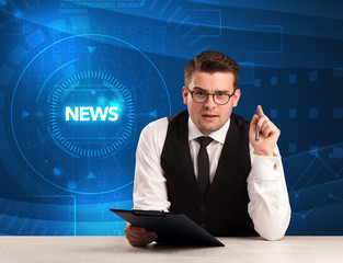 Modern televison presenter telling the news with tehnology backg