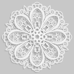 Lace 3D mandala, round symmetrical openwork pattern, lacy doily, decorative  snowflake, arabic ornament, indian ornament, embossed pattern, decorative design element,  vector