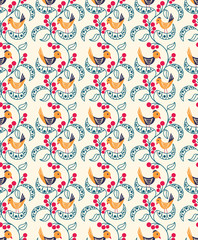Vector seamless pattern with berries, leaves and birds.