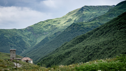Ushguli, Georgia - August 2, 2015: Rock tower in Ushguli, Upper Svaneti, Georgia, Europe