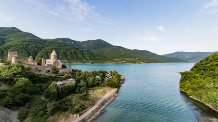 Fototapeta na wymiar Ananuri, Georgia - August 5, 2015: View from Ananuri, a church and castle complex from Georgia