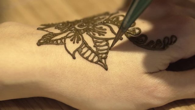 The master draws mehendi on the girl's hand. Beautiful patterns from henna. Flowers from henna on hands. On hands draw beautiful lines. A temporary tattoo from henna