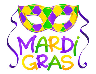 Traditional colors carnival mask with hand drawn Mardi Gras lettering isolated on white background