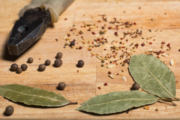 Spices on the kitchen board and pliers