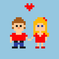 Pixel art. Young loving couple  in style of 8-bit game. Vector illustration
