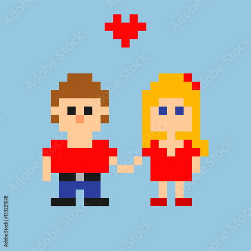 Pixel Art Young Loving Couple In Style Of 8 Bit Game