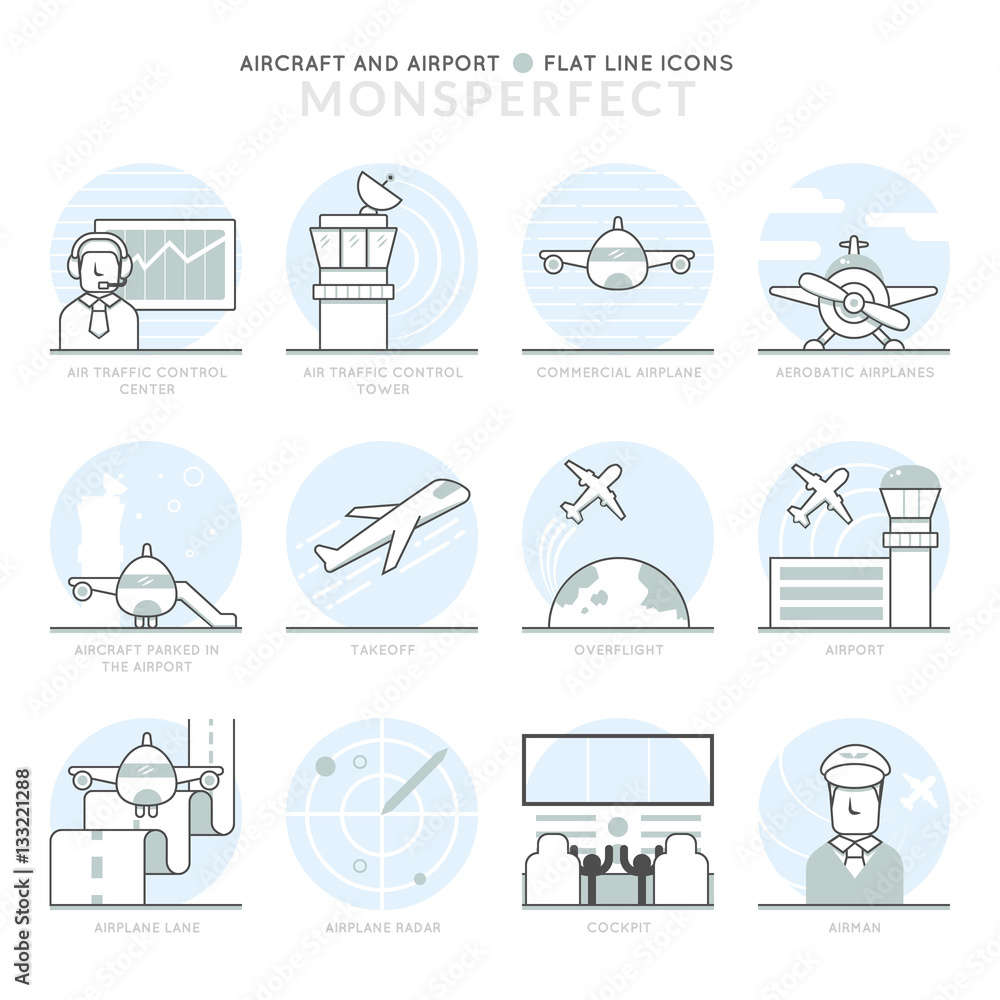 Poster infographic icons elements about airport and aircrafts. flat thin line icons set pictogram for websi
