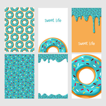 Set of bright food cards. Set of donuts with chocolate glaze. Donut seamless patter