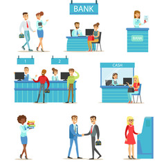 Bank Service Professionals And Clients Different Financial Affairs Consultancy, ATM Cash Manipulation And Other Business Collection Of Illustrations