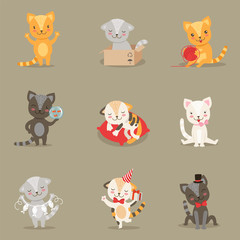 Little Girly Cute Kittens Cartoon Characters Different Activities And Situations Set Of Vector Illustrations