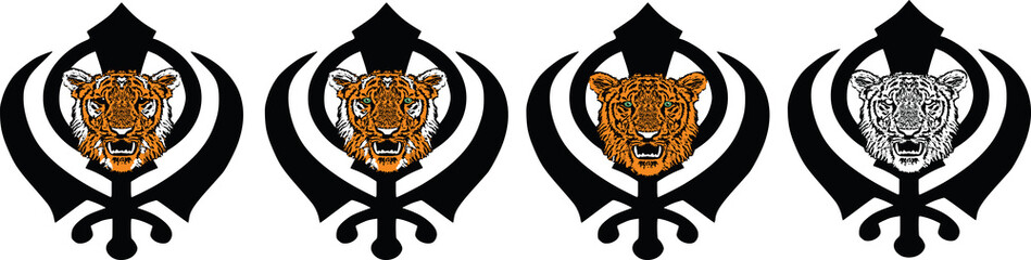Khanda is the most significant symbol of Sikhism, adorned with a tiger - orange, tabby, black and white, transparent on white background, isolated, vector