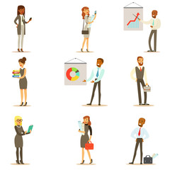 Business, Finance And Office Employees In Suits Busy At Work Set Of Smiling Cartoon Businessman And Businesswoman Characters Illustrations