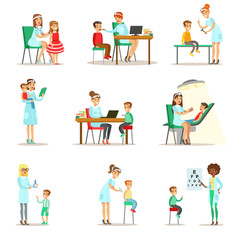 Children On Medical Check-Up With Female Pediatrician Doctors Doing Physical Examination For The Pre-School Health Inspection