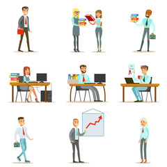 Fototapeta na wymiar Happy Office Workers And Managers Working In The Office Space On Their Desks And Performing Other Tasks Set Of Illustrations