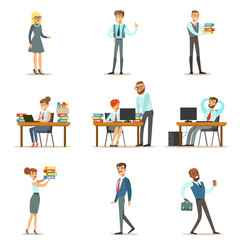 Happy Office Employees And Managers Working In The Office Space On Their Desks And Performing Other Tasks Set Of Illustrations